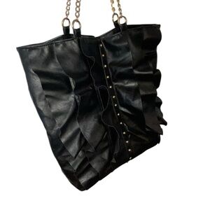 DSW Y2K Large Black Ruffle Gold Studded Tote Bag with Chain Straps